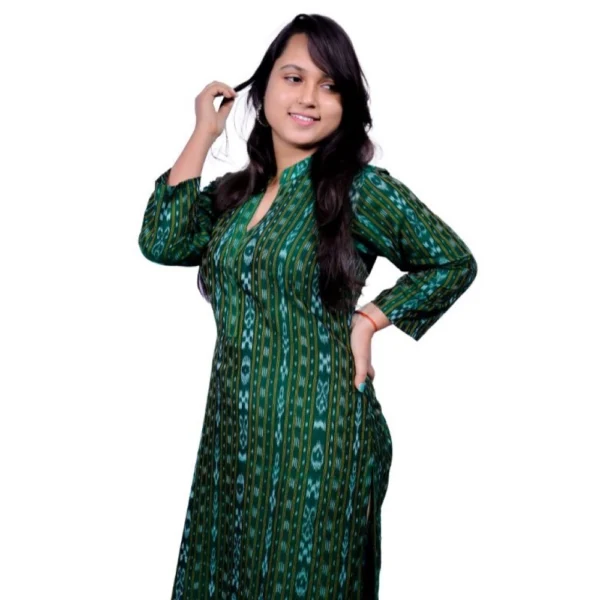 Women's Sambalpuri Certified Handloom Pure Cotton Straight Kurti (Green)