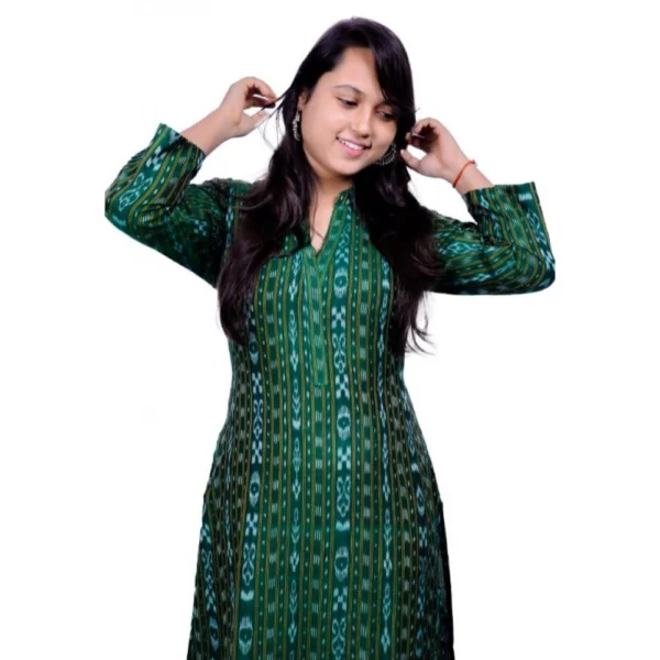 Women's Sambalpuri Certified Handloom Pure Cotton Straight Kurti (Green)
