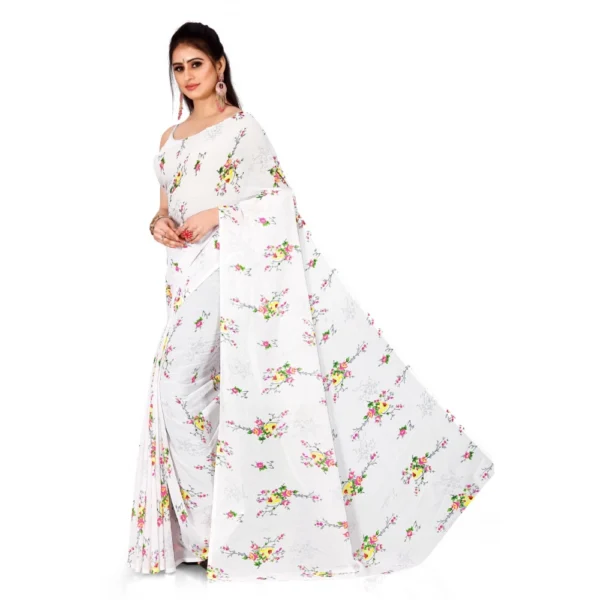 Women's Georgette Saree With Out Blouse (White, 5-6 Mtrs)