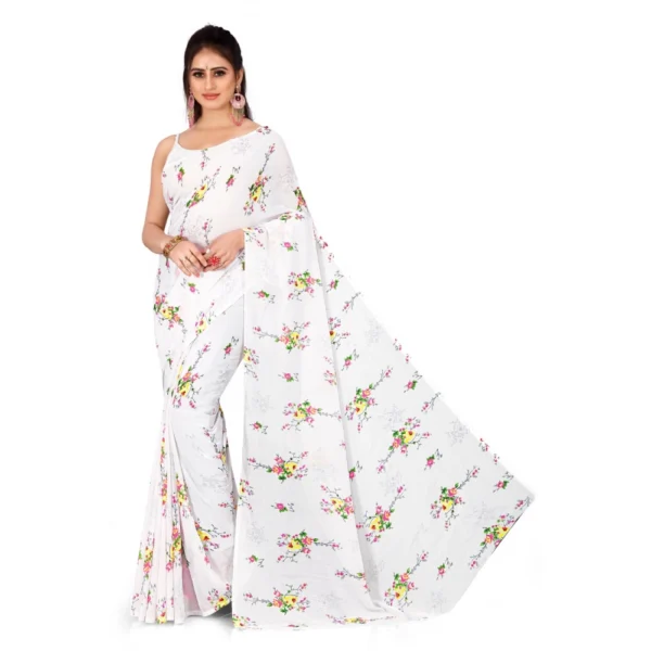 Women's Georgette Saree With Out Blouse (White, 5-6 Mtrs)