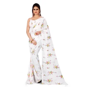 Women's Georgette Saree With Out Blouse (White, 5-6 Mtrs)