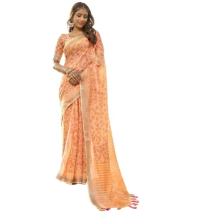 Women's Cotton Floral Printed Saree With Blouse (Peach, 5-6 Mtrs)