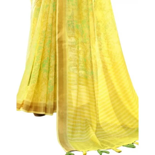 Women's Cotton Floral Printed Saree With Blouse (Light Yellow, 5-6 Mtrs)