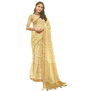 Women's Cotton Floral Printed Saree With Blouse (Cream, 5-6 Mtrs)