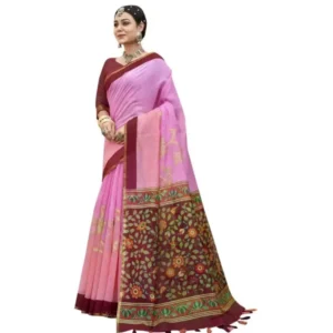 Women's Cotton Floral Pattern Foil Printed Saree With Blouse (Pink, 5-6 Mtrs)