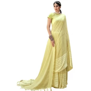 Women's Cotton Stripe Foil Pattern Saree With Blouse (Yellow, 5-6 Mtrs)