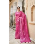 Women's Cotton Stripe Foil Pattern Saree With Blouse (Pink, 5-6 Mtrs)