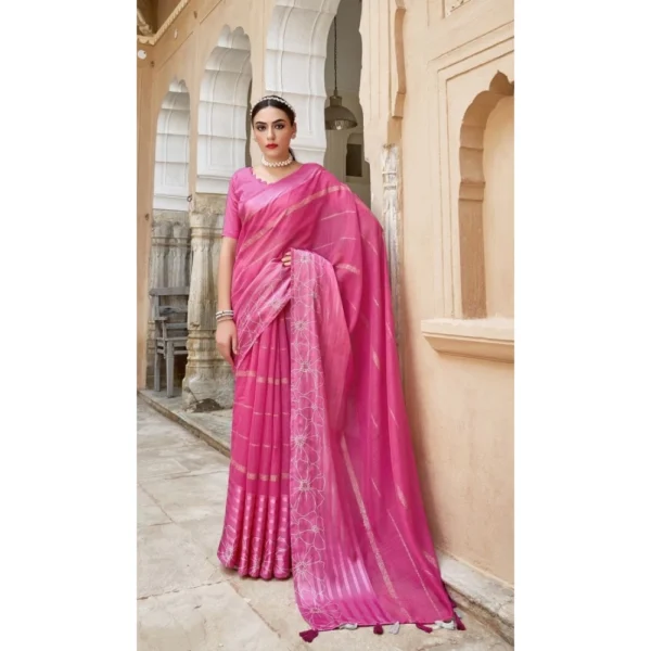 Women's Cotton Stripe Foil Pattern Saree With Blouse (Pink, 5-6 Mtrs)
