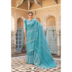 Women's Cotton Stripe Foil Pattern Saree With Blouse (Sky Blue, 5-6 Mtrs)