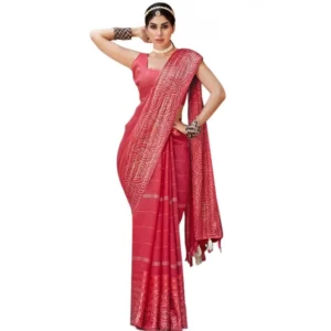 Women's Cotton Stripe Foil Pattern Saree With Blouse (Peach, 5-6 Mtrs)