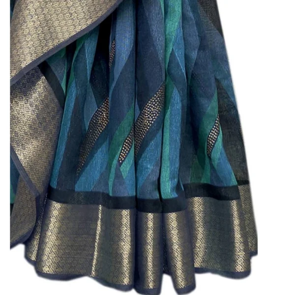 Women's Cotton Stripe Printed Saree With Blouse (Blue, 5-6 Mtrs)