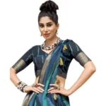 Women's Cotton Stripe Printed Saree With Blouse (Blue, 5-6 Mtrs)