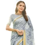 Women's Cotton Floral Printed Saree With Blouse (Light Blue, 5-6 Mtrs)