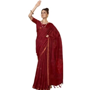 Women's Cotton Printed Saree With Blouse (Maroon, 5-6 Mtrs)