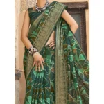 Women's Cotton Geomatric Printed Saree With Blouse (Dark Green, 5-6 Mtrs)