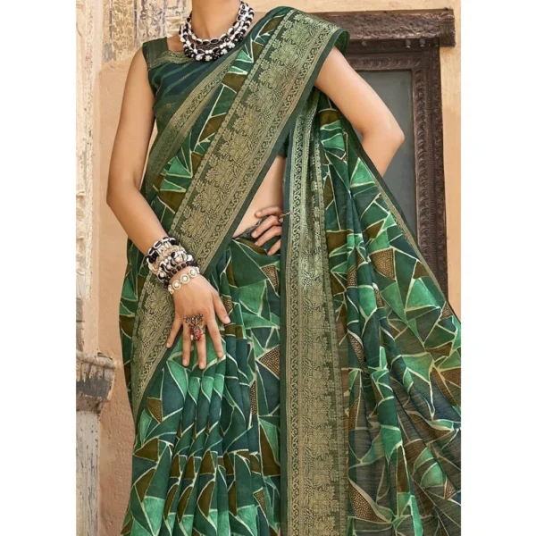 Women's Cotton Geomatric Printed Saree With Blouse (Dark Green, 5-6 Mtrs)