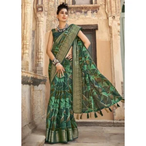 Women's Cotton Geomatric Printed Saree With Blouse (Dark Green, 5-6 Mtrs)