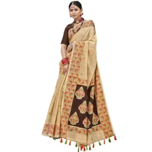 Women's Cotton Stripes Printed, Foil And Stone Embellished Saree With Blouse (Cream, 5-6 Mtrs)