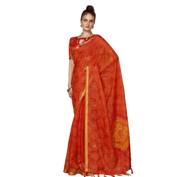 Women's Cotton Printed Saree With Blouse (Orange, 5-6 Mtrs)