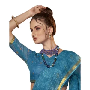 Women's Cotton Printed Saree With Blouse (Blue, 5-6 Mtrs)