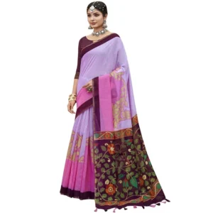 Women's Cotton Floral Pattern Foil Printed Saree With Blouse (Light Purple, 5-6 Mtrs)