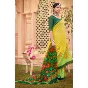 Women's Cotton Floral Pattern Foil Printed Saree With Blouse (Light Yellow, 5-6 Mtrs)