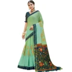 Women's Cotton Floral Pattern Foil Printed Saree With Blouse (Light Green, 5-6 Mtrs)