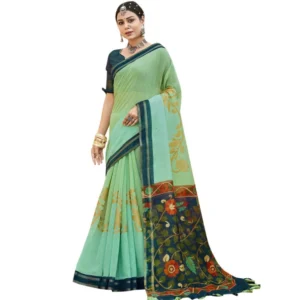 Women's Cotton Floral Pattern Foil Printed Saree With Blouse (Light Green, 5-6 Mtrs)