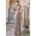 Women's Cotton Stripe Foil Pattern Saree With Blouse (Grey, 5-6 Mtrs)
