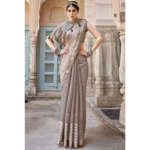 Women's Cotton Stripe Foil Pattern Saree With Blouse (Grey, 5-6 Mtrs)