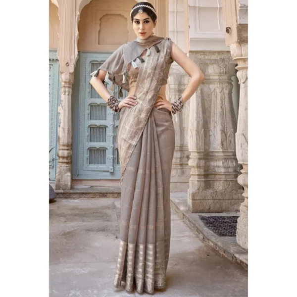Women's Cotton Stripe Foil Pattern Saree With Blouse (Grey, 5-6 Mtrs)