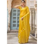 Women's Cotton Stripe Foil Pattern Saree With Blouse (Yellow, 5-6 Mtrs)