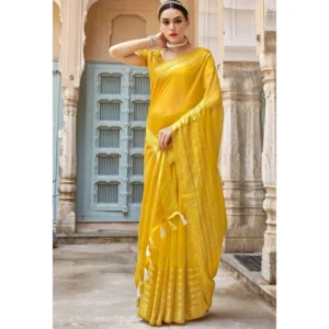 Women's Cotton Stripe Foil Pattern Saree With Blouse (Yellow, 5-6 Mtrs)