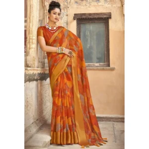 Women's Cotton Geomatric Printed Saree With Blouse (Mustard Yellow, 5-6 Mtrs)