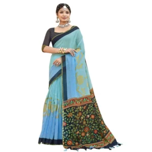Women's Cotton Floral Pattern Foil Printed Saree With Blouse (Sky Blue, 5-6 Mtrs)