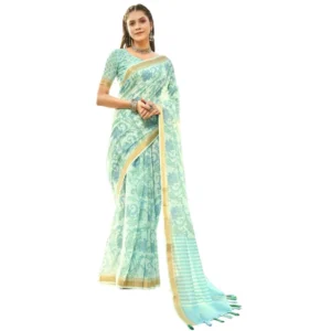 Women's Cotton Floral Printed Saree With Blouse (Light Blue, 5-6 Mtrs)