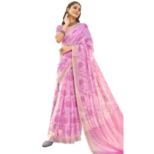 Women's Cotton Floral Printed Saree With Blouse (Light Purple, 5-6 Mtrs)