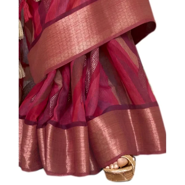 Women's Cotton Stripe Printed Saree With Blouse (Maroon, 5-6 Mtrs)