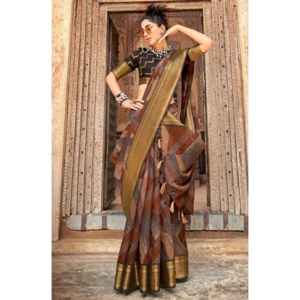 Women's Cotton Stripe Printed Saree With Blouse (Brown, 5-6 Mtrs)