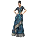 Women's Cotton Stripe Printed Saree With Blouse (Blue, 5-6 Mtrs)