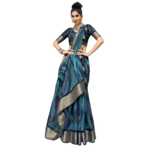 Women's Cotton Stripe Printed Saree With Blouse (Blue, 5-6 Mtrs)