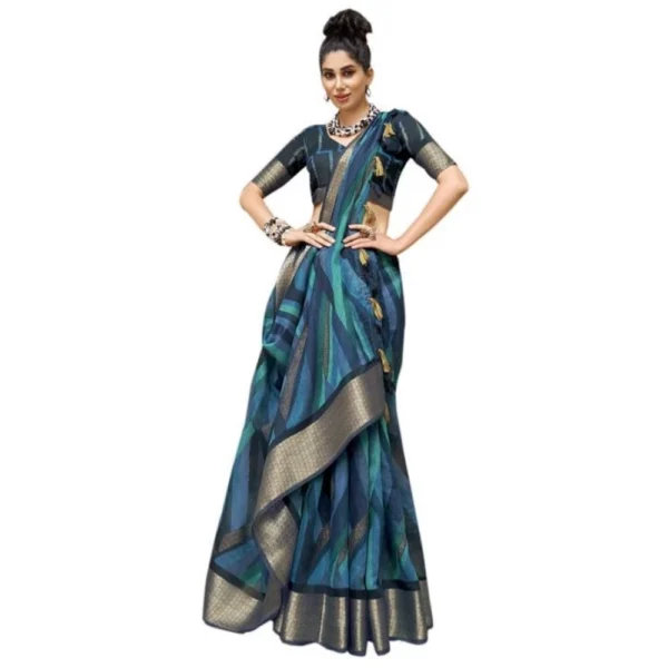 Women's Cotton Stripe Printed Saree With Blouse (Blue, 5-6 Mtrs)