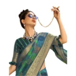 Women's Cotton Geomatric Printed Saree With Blouse (Dark Green, 5-6 Mtrs)