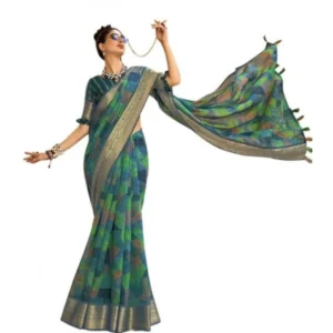 Women's Cotton Geomatric Printed Saree With Blouse (Dark Green, 5-6 Mtrs)