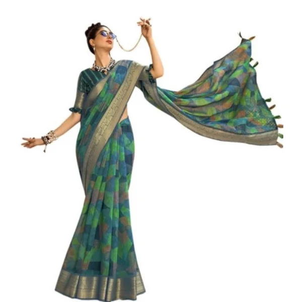 Women's Cotton Geomatric Printed Saree With Blouse (Dark Green, 5-6 Mtrs)