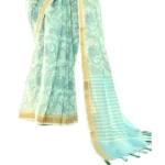Women's Cotton Floral Printed Saree With Blouse (Light Blue, 5-6 Mtrs)