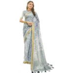 Women's Cotton Floral Printed Saree With Blouse (Light Blue, 5-6 Mtrs)