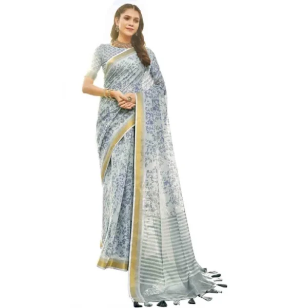 Women's Cotton Floral Printed Saree With Blouse (Light Blue, 5-6 Mtrs)