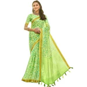 Women's Cotton Floral Printed Saree With Blouse (Light Green, 5-6 Mtrs)