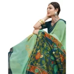 Women's Cotton Floral Pattern Foil Printed Saree With Blouse (Light Green, 5-6 Mtrs)